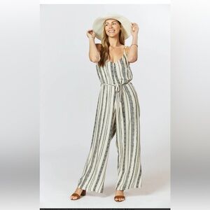 As U Wish Gray and White Striped Wide Leg Cropped Jumpsuit Adjustable Strap